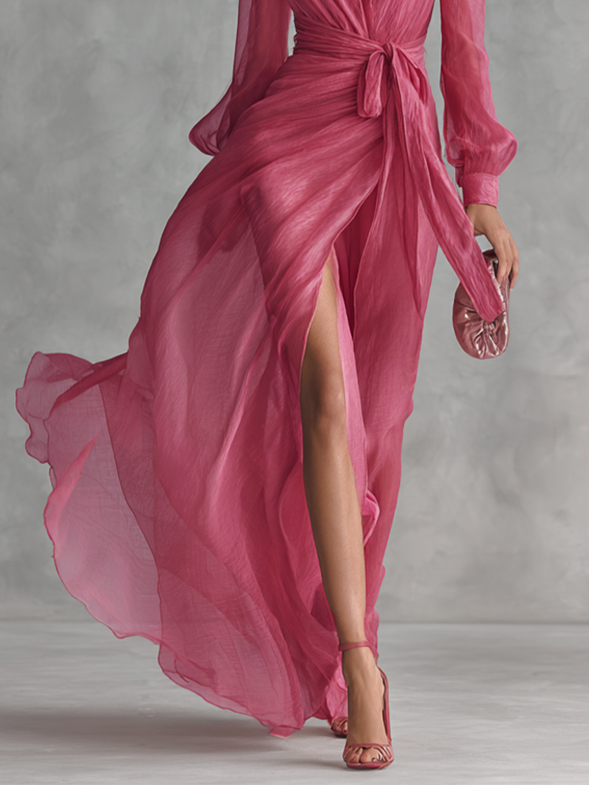 Rose pink chiffon V-neck evening dress by FJØRNA, flowing fabric with elegant drape and V-shaped neckline.