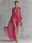 Rose pink chiffon V-neck evening dress by FJØRNA, flowing fabric with elegant drape, perfect for formal occasions.