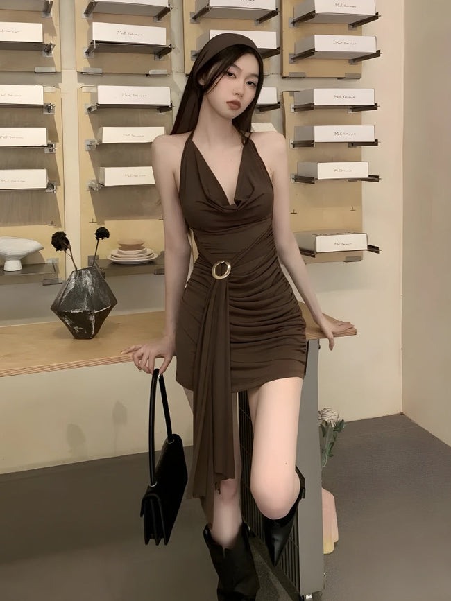 FJØRNA women's ruched halter neck mini dress, perfect for party or day wear, shown in a stylish close-up image.