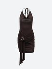 FJØRNA ruched halter neck mini dress featuring a fitted bodice and stylish design, perfect for evening or summer occasions.