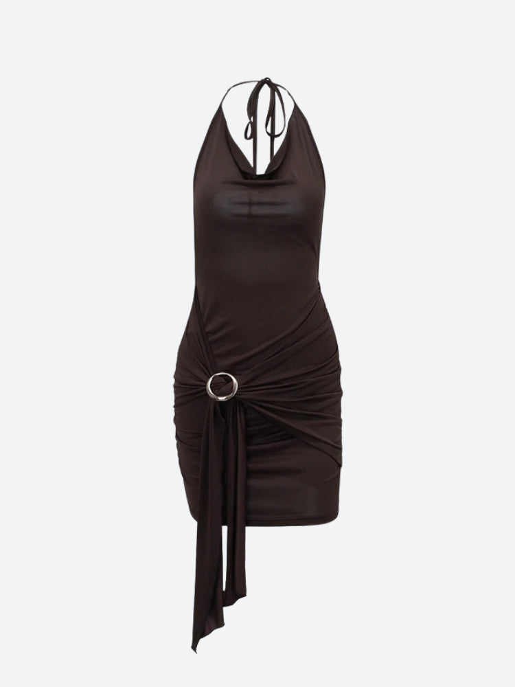 FJØRNA ruched halter neck mini dress featuring a fitted bodice and stylish design, perfect for evening or summer occasions.
