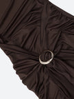 FJØRNA ruched halter neck mini dress featuring a fitted design and stylish neckline, perfect for casual or evening wear.