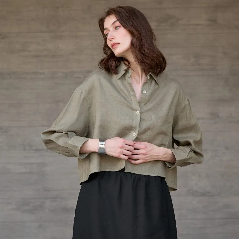 FJØRNA women's linen crop top with pleated long sleeves, stylish and breathable for casual or summer wear.