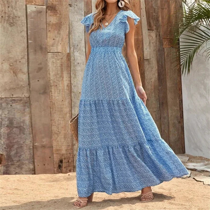 FJØRNA Tiffany tiered ruffle maxi dress in white, flowing sleeveless dress with layered ruffles for elegant summer wear