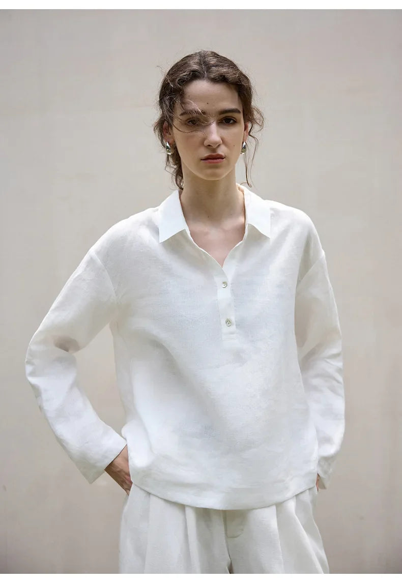 FJØRNA women's linen polo top with collar, lightweight and breathable shirt for casual wear, showcasing the front view.