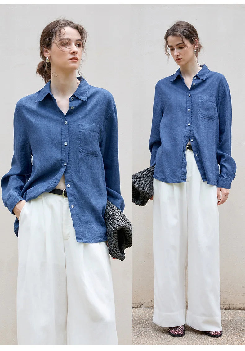 FJØRNA women's linen blend shirt, casual top with lightweight, breathable fabric, featuring a relaxed fit and natural linen texture.