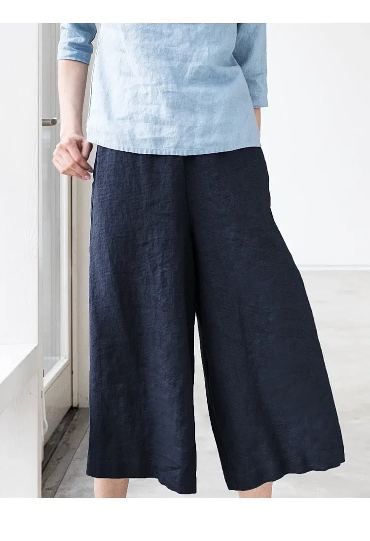 Linen Wide Leg Trousers Women Drawstring Pull-On