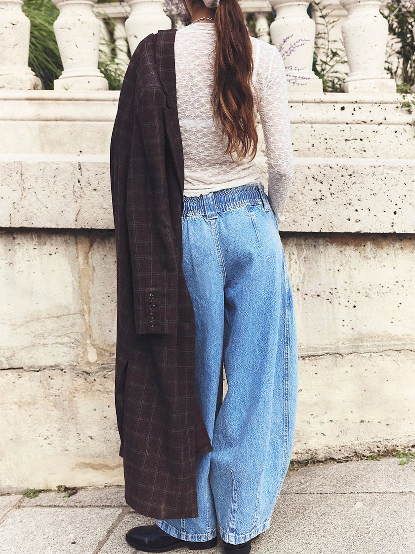 Cotton Jeans Women Wide Leg Drawstring