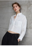 FJØRNA women's linen crop top with pleated details and long sleeves, stylish and breathable for casual wear