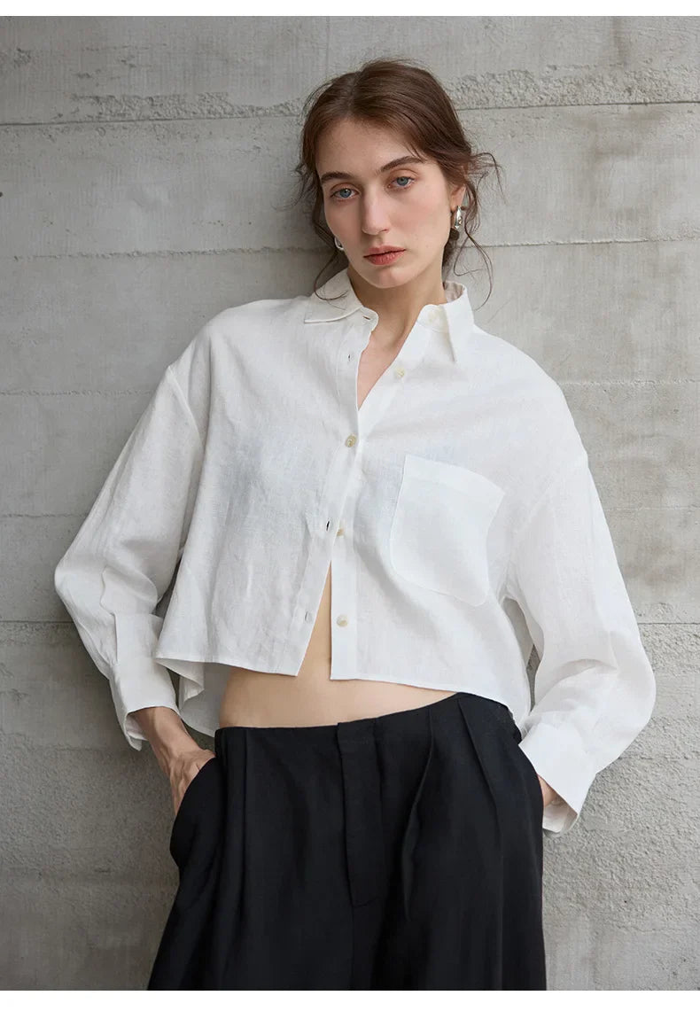 Linen Shirt Women Pleated Long Sleeve