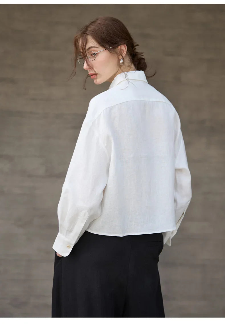 Linen Shirt Women Pleated Long Sleeve