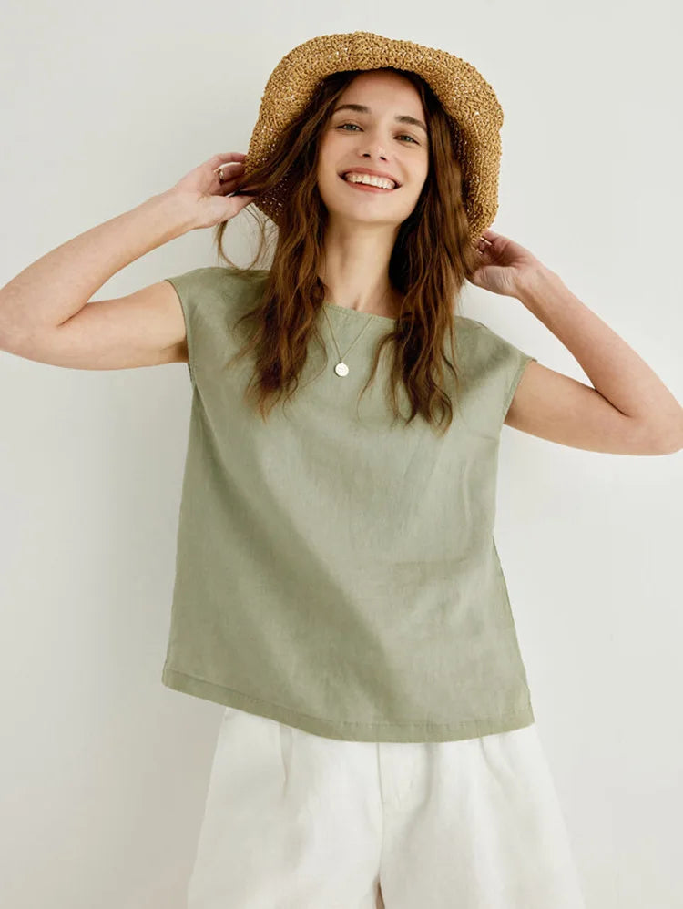 FJØRNA Petal Sleeve Linen T-Shirt featuring soft linen fabric and delicate petal sleeve design, casual and breezy for warm weather.