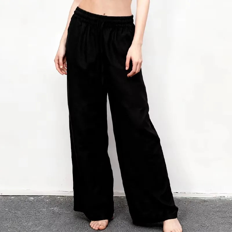 FJØRNA cotton linen wide-leg women's trousers with drawstring, pull-on style, relaxed fit, and casual comfort.
