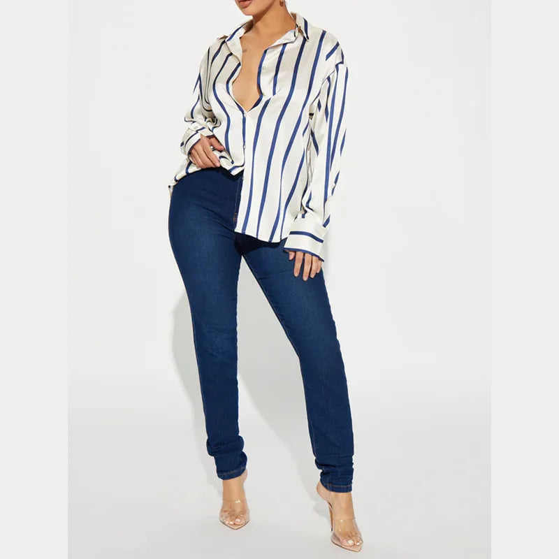 FJØRNA satin blouse for women with a smooth, shiny fabric and elegant design, perfect for stylish women's tops.
