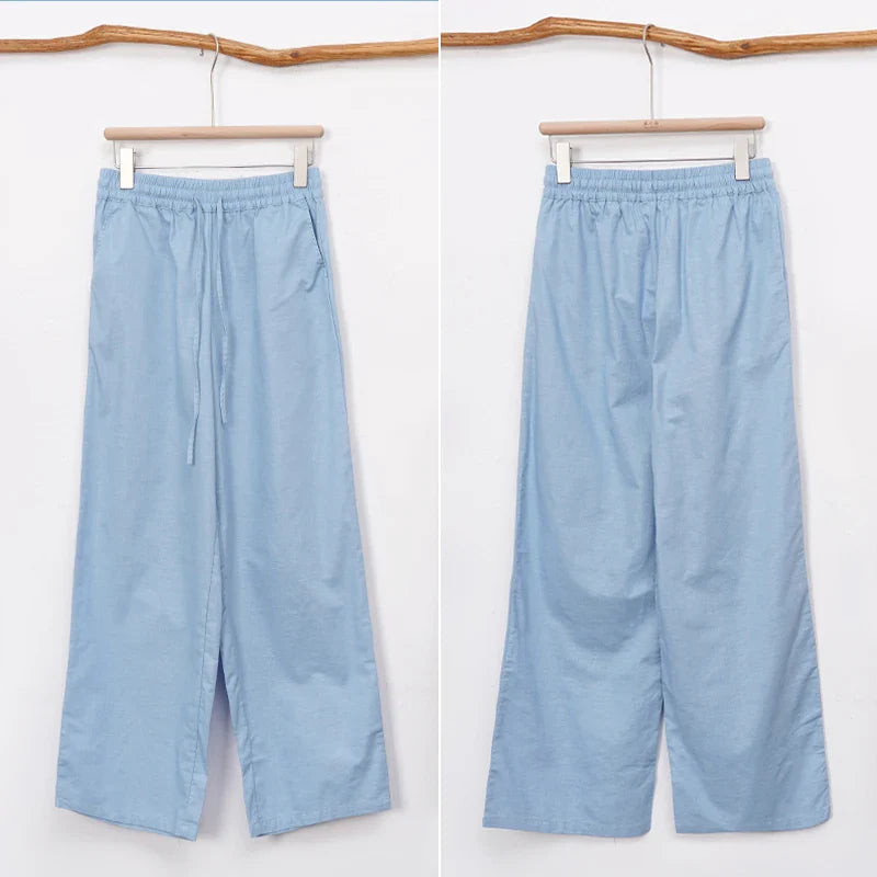 FJØRNA cotton linen wide-leg women's trousers with drawstring, pull-on style, relaxed fit, and casual chic design.