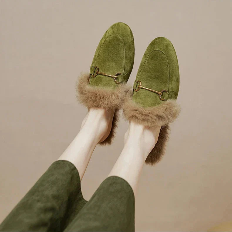 FJØRNA women's fur mule slippers with plush lining, slip-on luxury shoes for women, cozy and comfortable indoor footwear