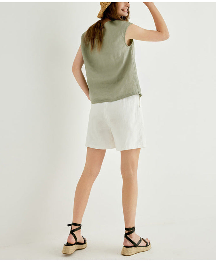 FJØRNA Petal Sleeve Linen T-Shirt featuring soft linen fabric and elegant petal-shaped sleeve design, casual and stylish for warm weather.