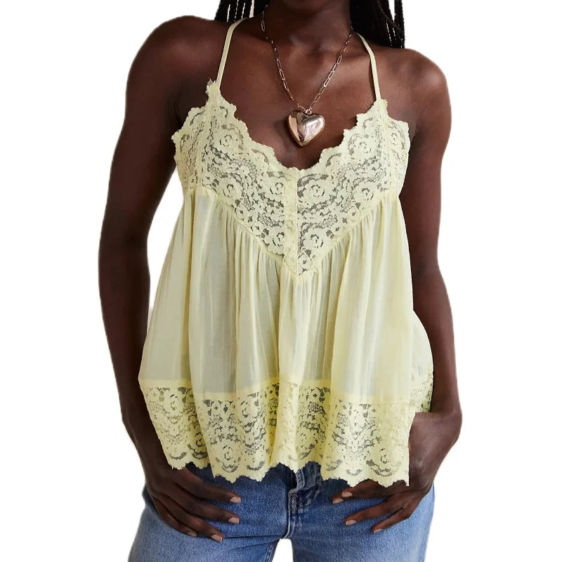 FJØRNA women's lace cami top with trim, featuring delicate lace details and a fitted design, perfect for stylish everyday wear.