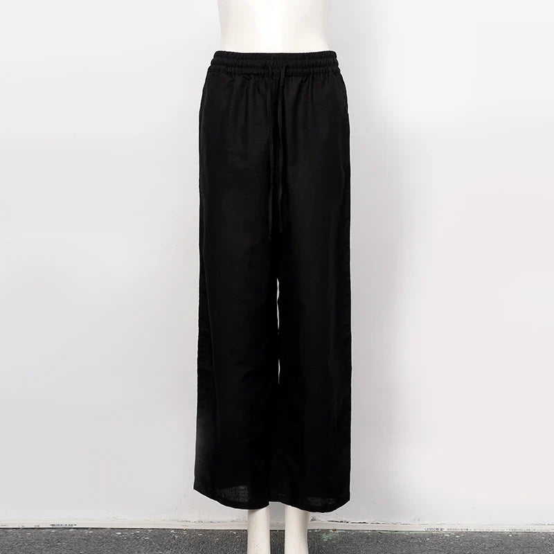 FJØRNA women's cotton linen wide-leg trousers with drawstring, pull-on style, relaxed fit, perfect for casual or summer wear.