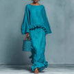FJØRNA Hannah Bohemian two-piece set with flowy top and wide-leg pants, featuring boho-inspired patterns in soft, breathable fabric.