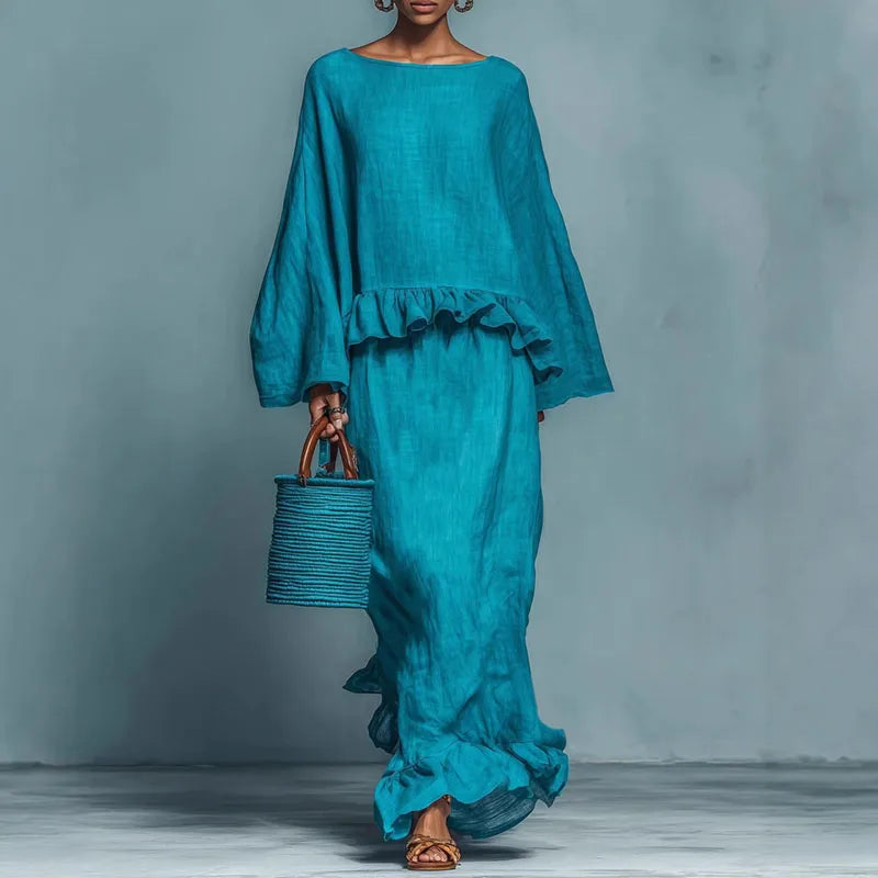 FJØRNA Hannah Bohemian two-piece set with flowy top and wide-leg pants, featuring boho-inspired patterns in soft, breathable fabric.