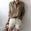 FJØRNA women's linen shirt with open collar, lightweight and breathable tops for women, in soft linen fabric.