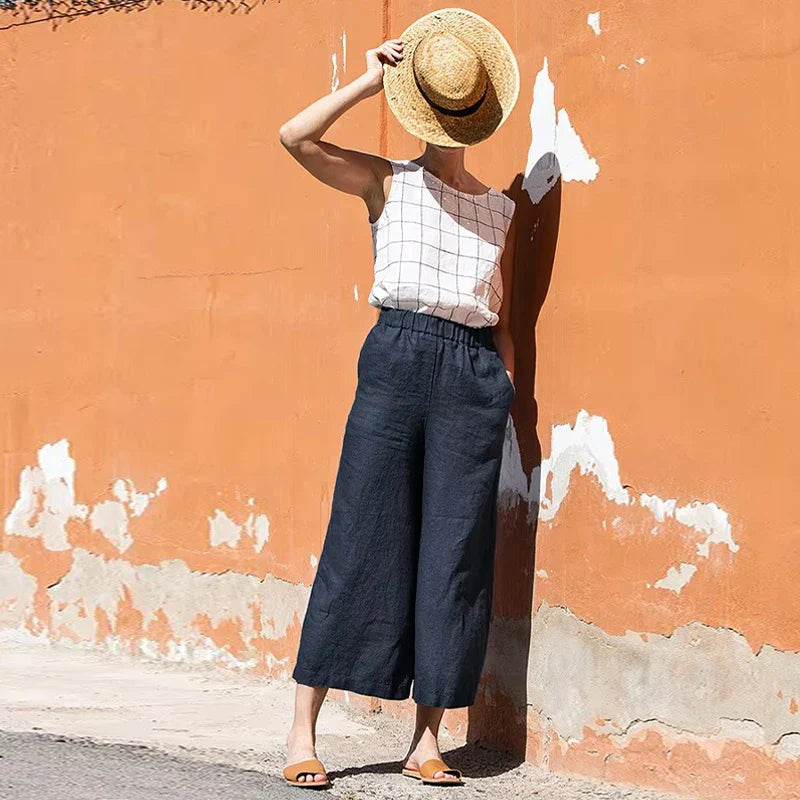Linen Wide Leg Trousers Women Drawstring Pull-On
