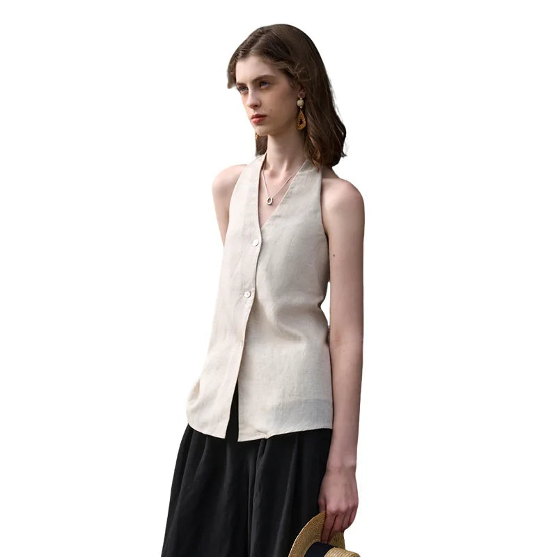 FJØRNA linen waistcoat for women with halter neck and sleeveless design, stylish and lightweight top for warm weather.
