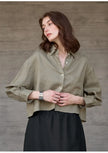 FJØRNA linen crop top for women with pleated long sleeves, stylish and breathable summer blouse, front view.