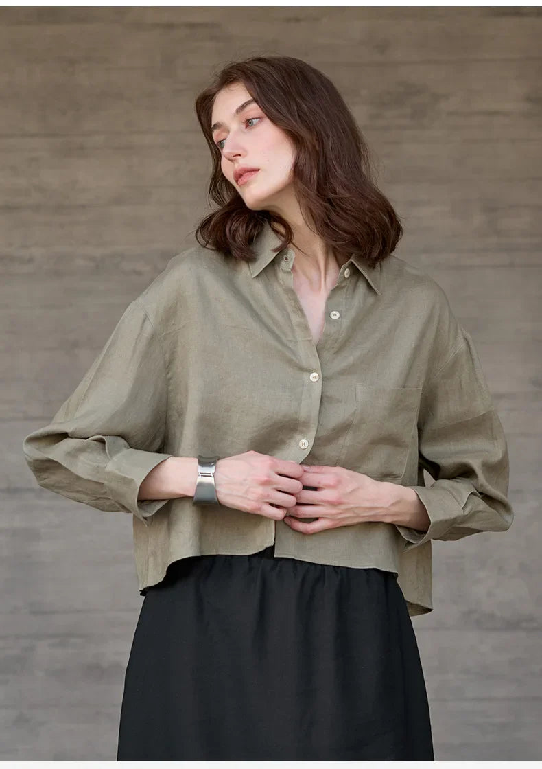 FJØRNA linen crop top for women with pleated long sleeves, stylish and breathable summer blouse, front view.