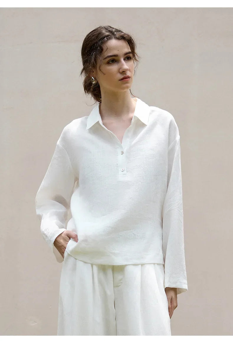 FJØRNA women's linen polo top with collar, lightweight and breathable, shown in a natural beige color.