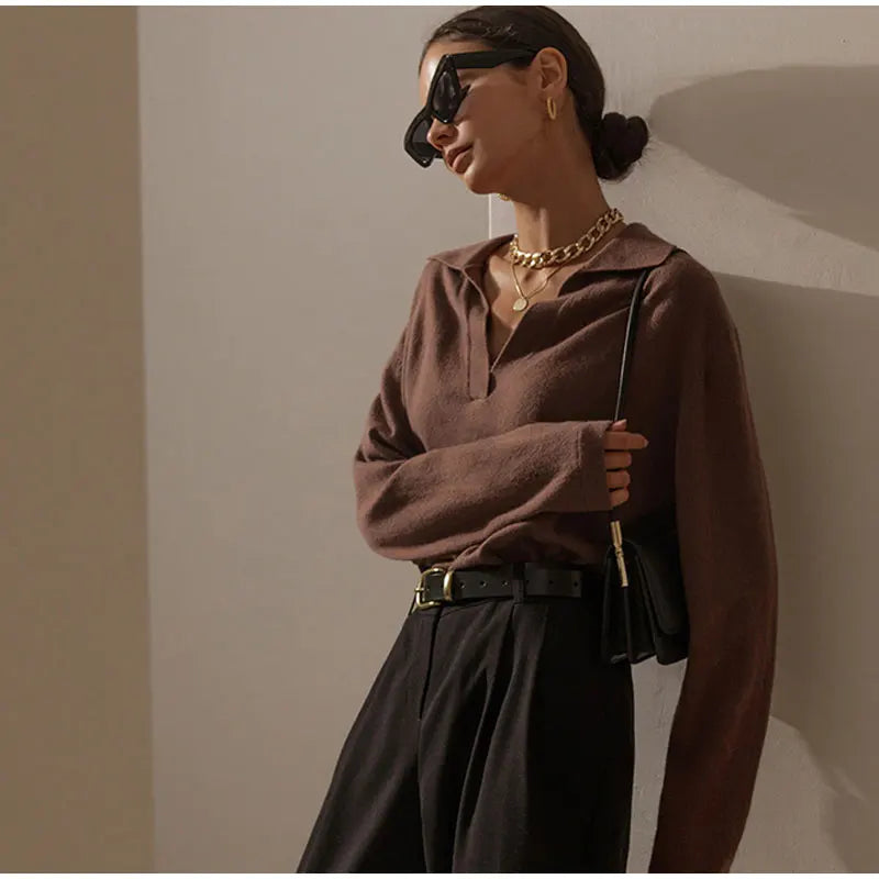 Knit Polo Top Women Collar