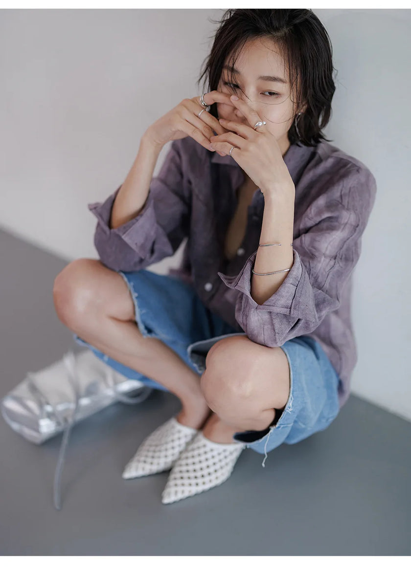 FJØRNA linen women's pleated shirt, lightweight tops with a relaxed fit and button-down front, suitable for casual or office wear.