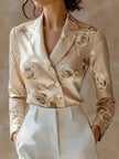 FJØRNA women's floral satin summer blouse with short sleeves, lightweight and stylish for warm weather.