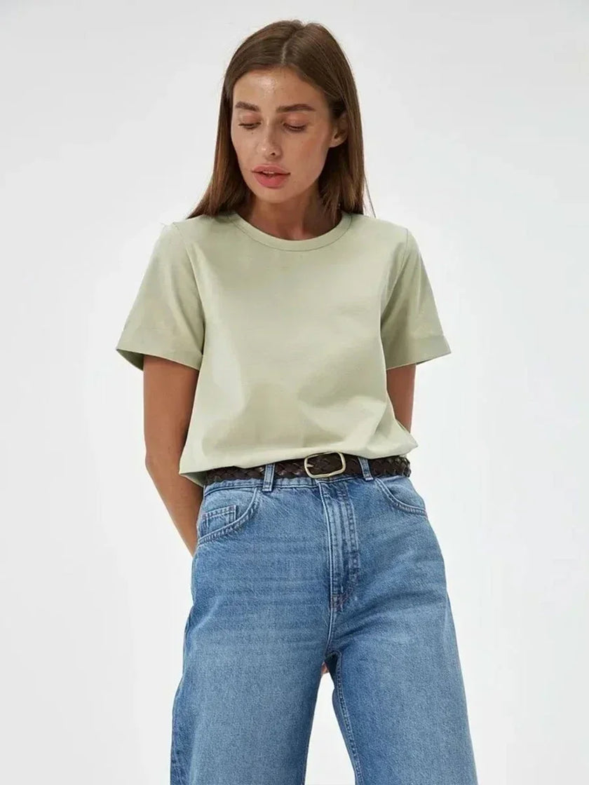 Women’s white cotton T-shirt by FJØRNA, soft fabric, short sleeves, fitted style, casual top for everyday wear