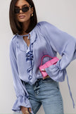 FJØRNA satin blouse for women with ruffle detail, elegant tops with smooth fabric and feminine design.