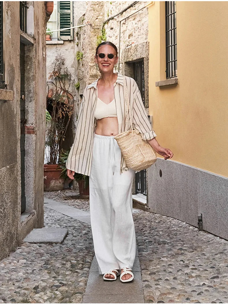 Knit Wide Leg Trousers Women Drawstring