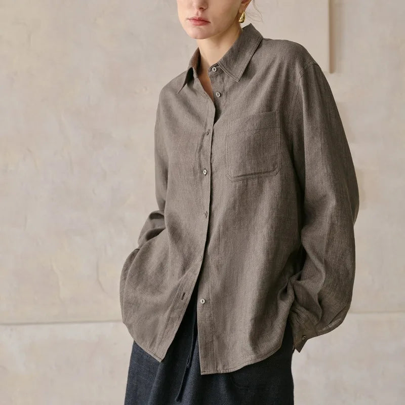 FJØRNA women's linen blend shirt, casual top with a relaxed fit, featuring a button-front and long sleeves, in a light, breathable fabric.