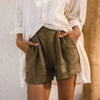 FJØRNA women's linen blend high waist elastic shorts, lightweight and stylish pants for summer wear.