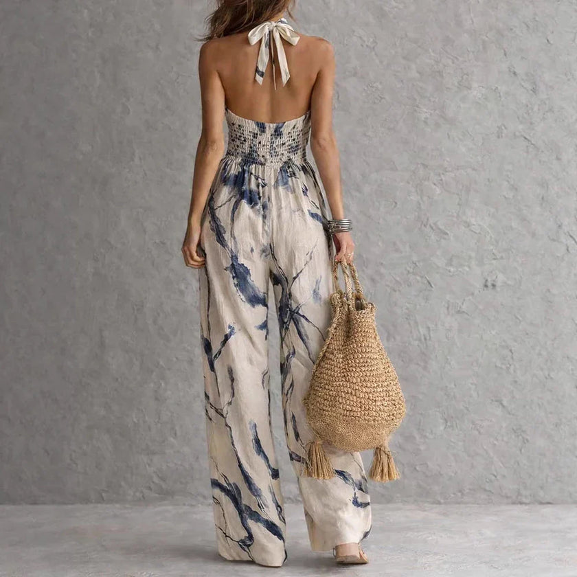 FJØRNA Madison Flowy Halter Maxi Dress in white, lightweight fabric with a flowing silhouette and halter neckline, perfect for summer.