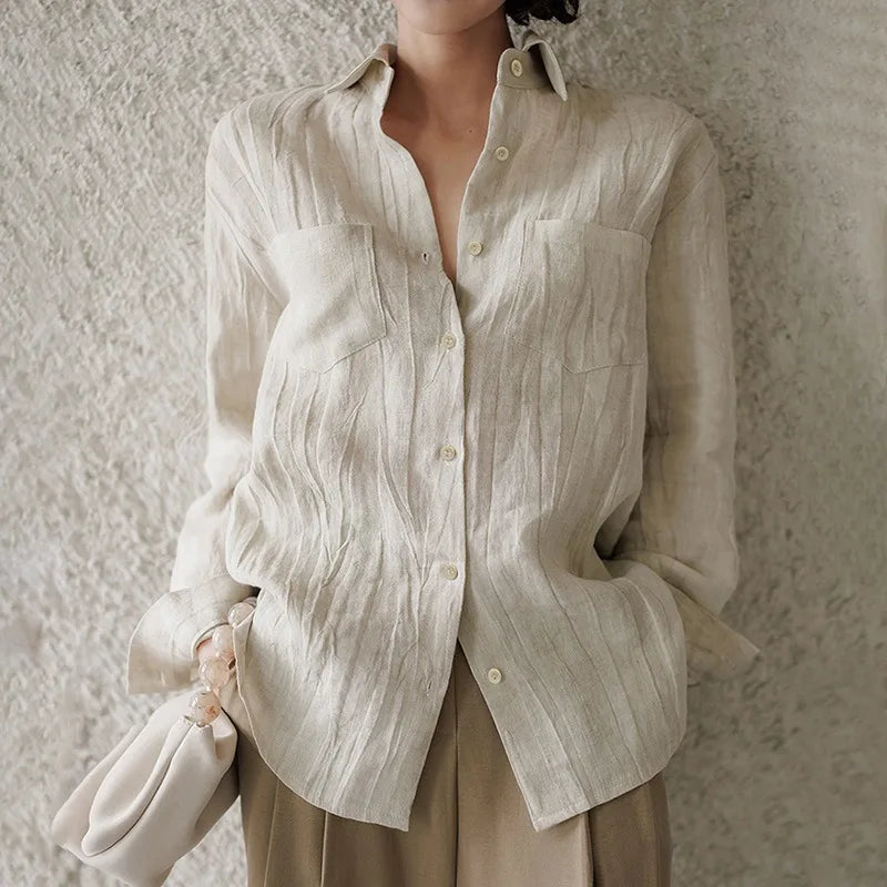 FJØRNA women's linen pleated shirt, lightweight top with crisp pleats, breathable fabric, and classic design perfect for casual wear
