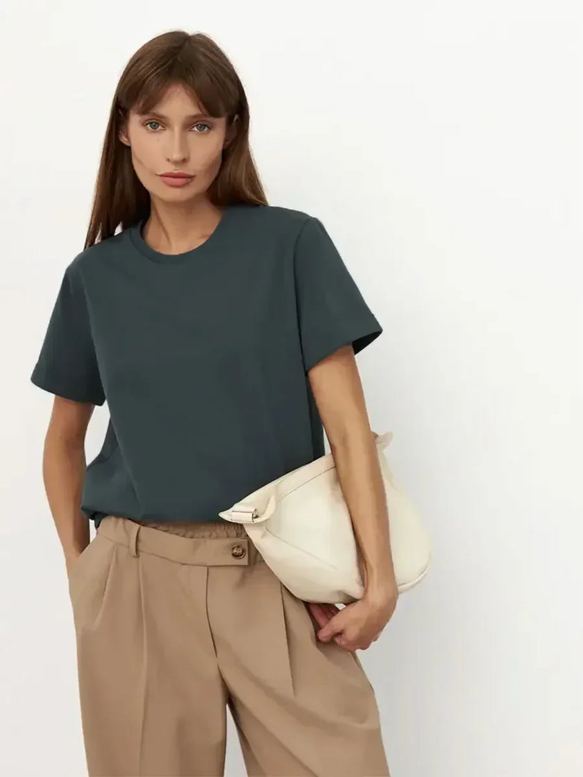 FJØRNA women's cotton T-shirt, soft and comfortable tops for women, shown in a relaxed fit with short sleeves.