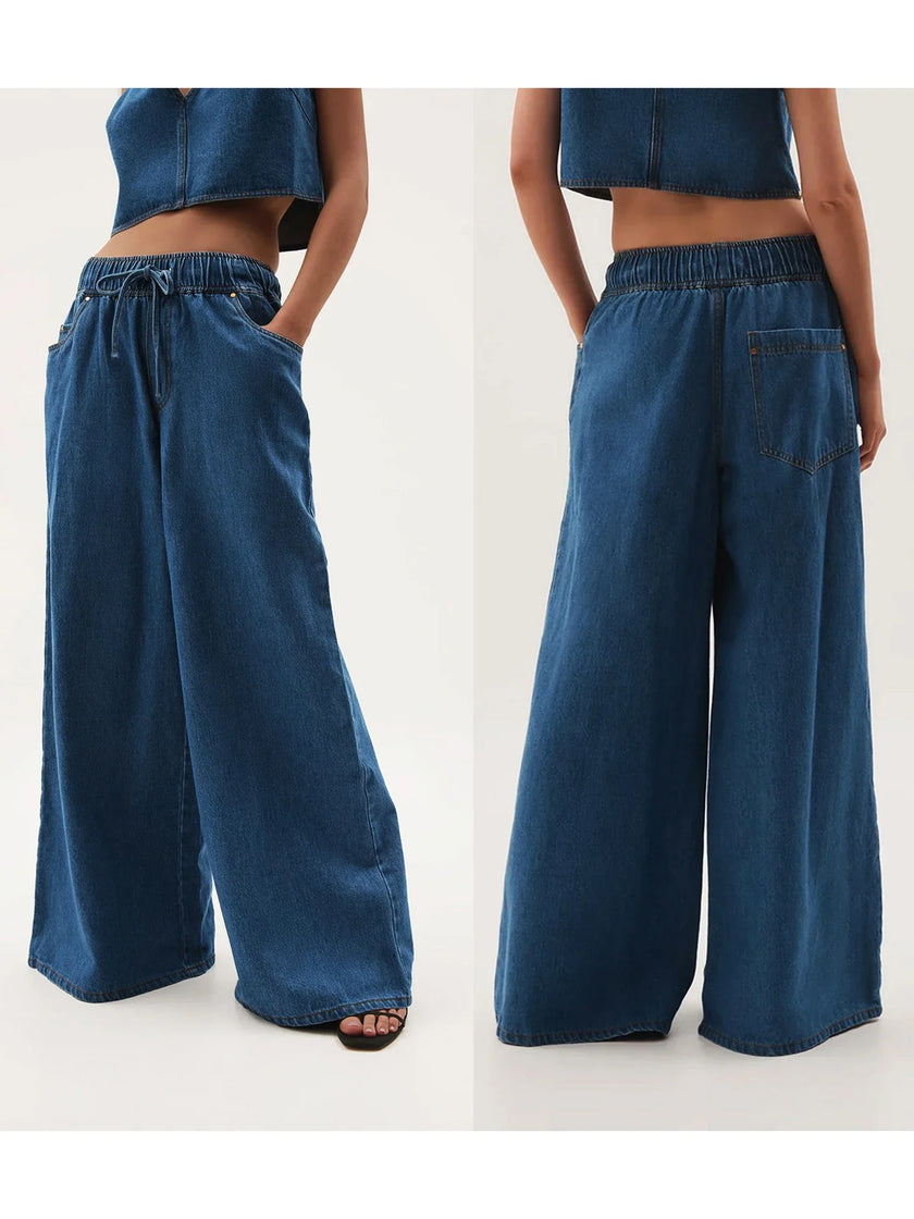 Denim Jeans Women Wide Leg Drawstring