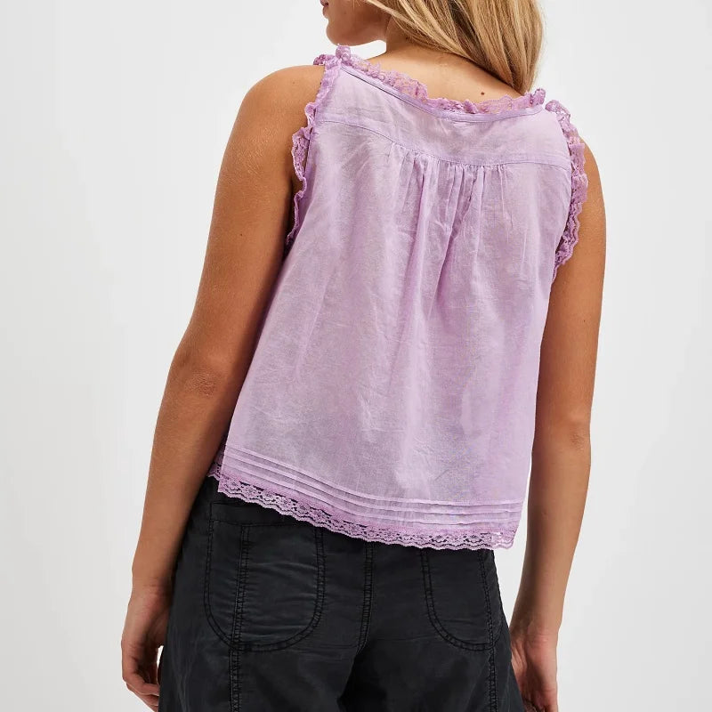 FJØRNA women's lace cami top with trim, featuring delicate lace fabric and a stylish, fitted design for casual or dressy wear.