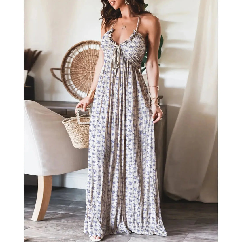 FJØRNA Renly white sleeveless long dress with elegant flowy fabric, perfect for summer or formal occasions.