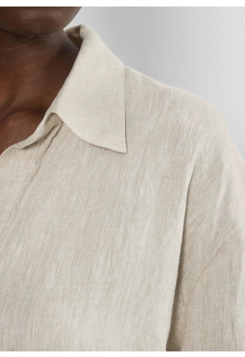 FJØRNA women's linen polo top with collar, lightweight and casual short-sleeve blouse for women, soft fabric and relaxed fit.