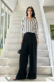 Lacceti Maren Stripe Satin Blouse featuring a stylish striped pattern and smooth satin fabric, displayed on a hanger.