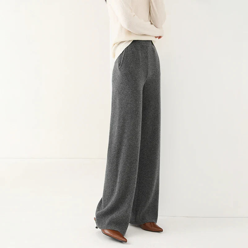FJØRNA women's merino wool wide-leg joggers pants, soft and cozy knit fabric with relaxed fit, perfect for casual wear.