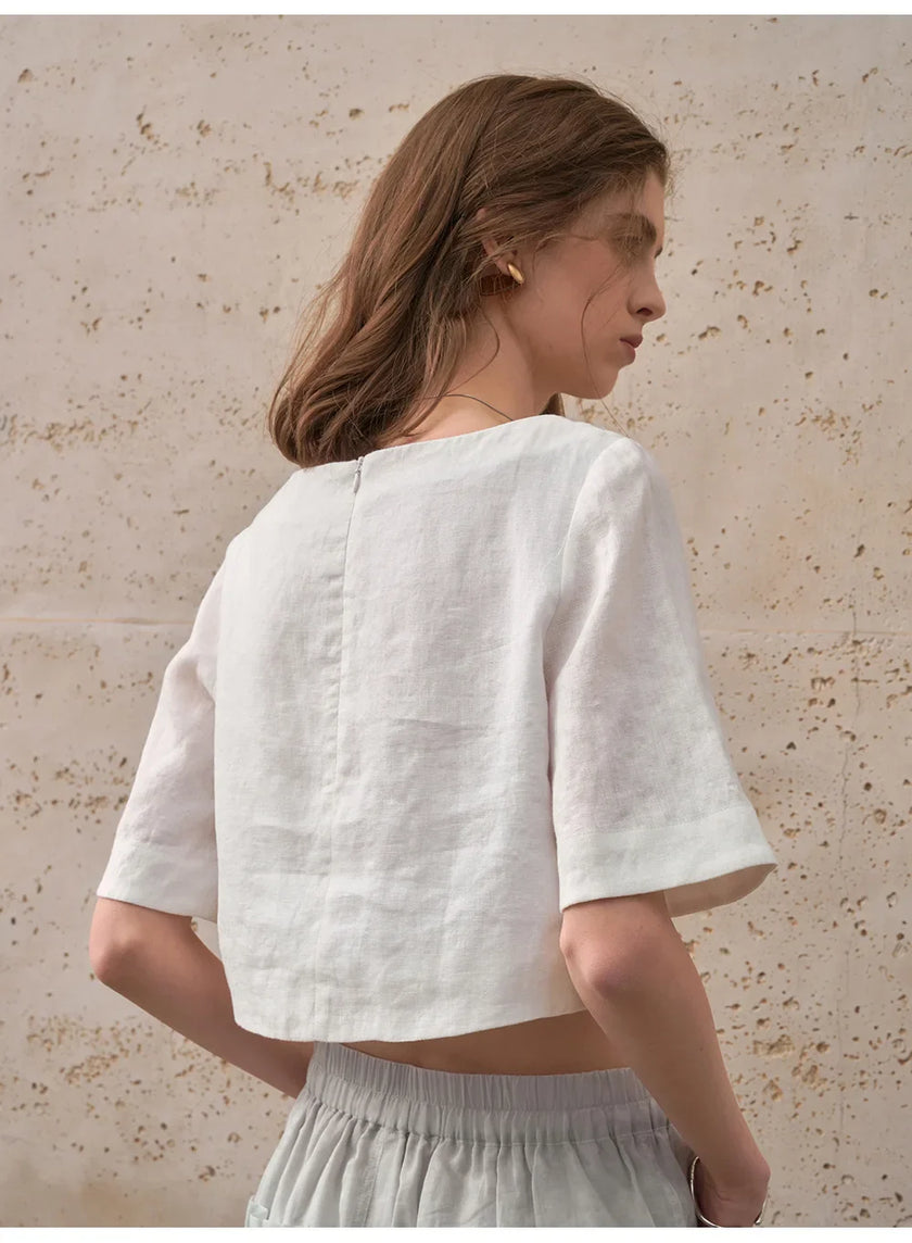 FJØRNA women's linen crop top with short sleeves, lightweight and breathable summer top, natural fabric and relaxed fit.