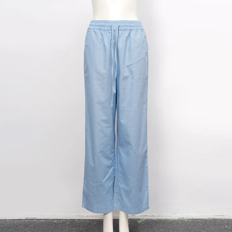 FJØRNA women's cotton linen wide-leg trousers with drawstring pull-on design, casual and comfortable for everyday wear.